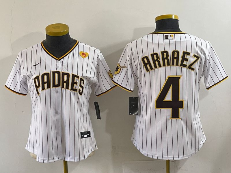 Women 2025 San Diego Padres 4 Arraez White Stripe Game Nike MLB Jersey style 4